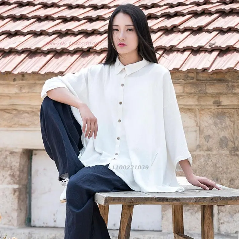 

2023 vintage chinese tang suit hanfu tops ethnic cotton line blouse oriental traditional tea service shirt meditation zen blouse
