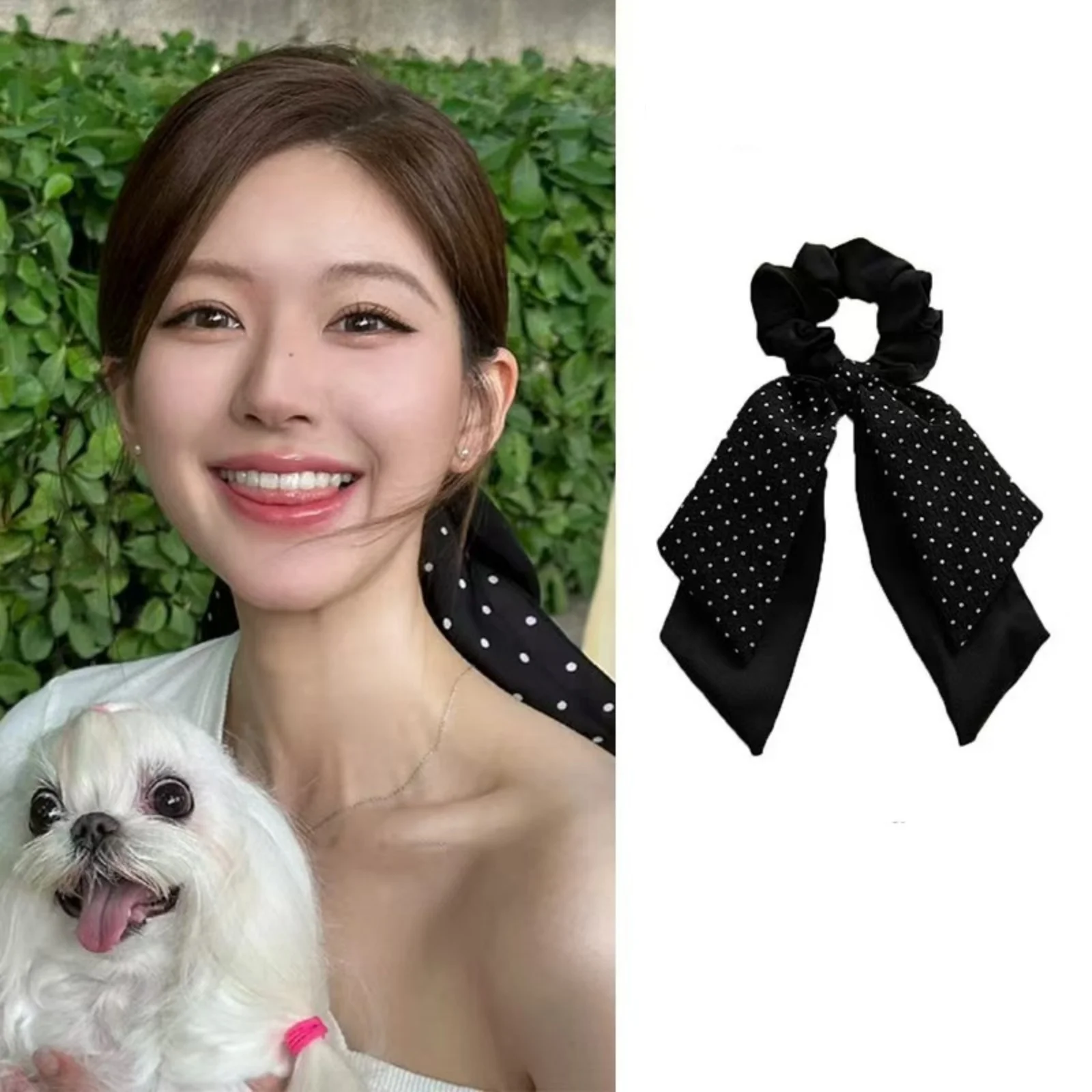 1PC Polka Dot Bow Scrunchie, Black Satin Long Ribbon Hair Tie, Korean Drama Style Hair Accessory, Trendy Ponytail Holder
