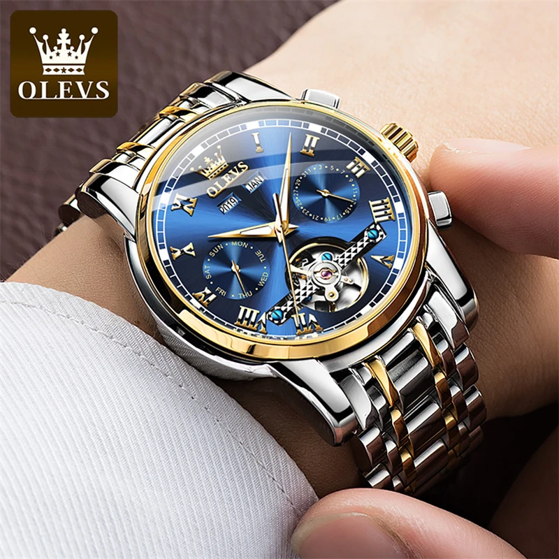OLEVS Mens Watches Top Brand Luxury Tourbillon Mechanical Watch for Men Stainless Steel Waterproof Calendar Business Men Watches