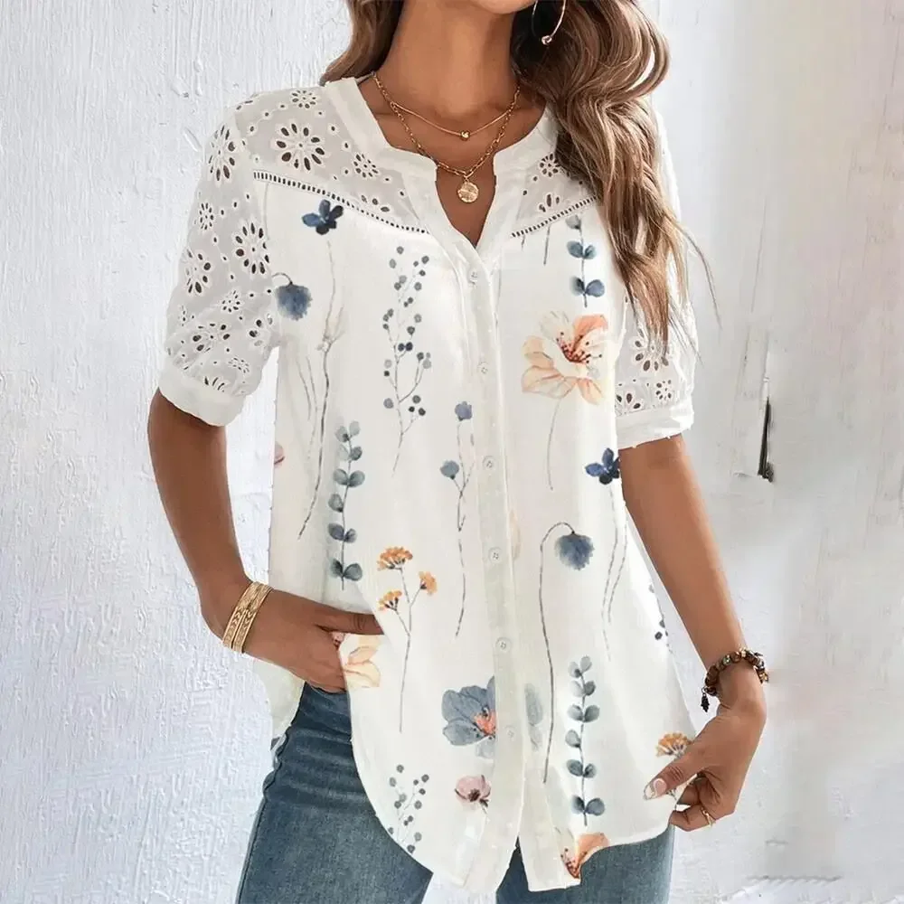 New Temperament Casual Lace Woman Shirt Fashion Loose Shirt Woman Elegant Short Sleeve Blouse Holiday Weekend  Tops Women 2021