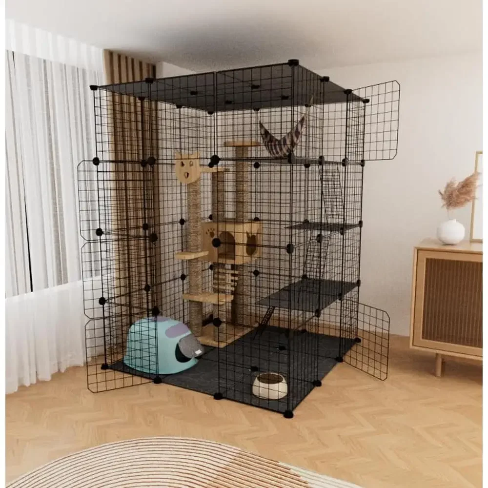 4-Tier Large Cat Cage Enclosure DIY Cat Playpen Catio Metal Wire Kennels 1-4 Cats Kitten Detachable Patio Safe Comfortable