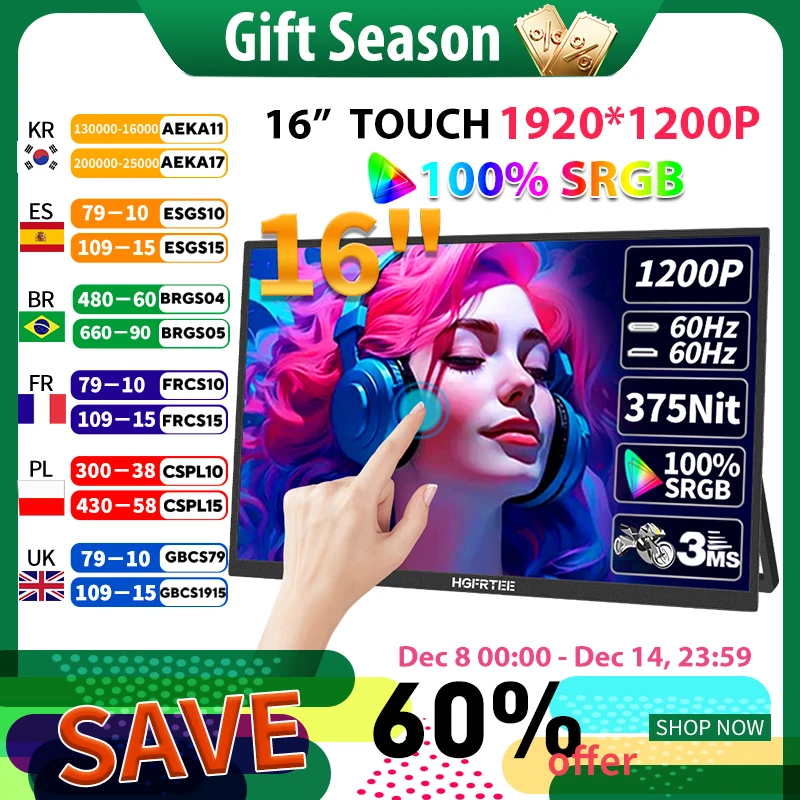 HGFRTEE 16 calowy monitor dotykowy za $74.91 / ~277zł
