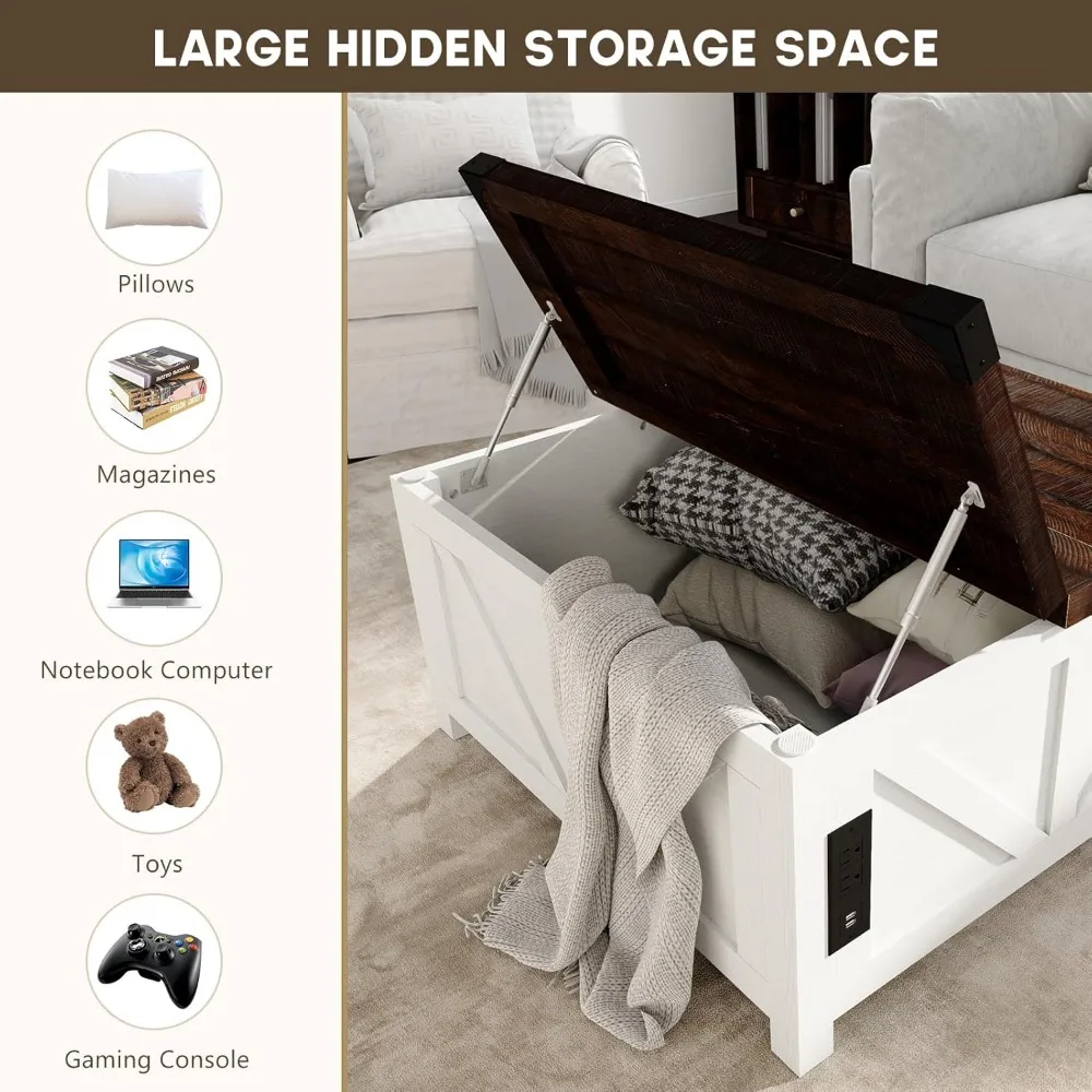 Farmhouse Lift Top Coffee Table with Storage, Wood Square Center Table with Charging Station&USB Ports, Living Room Central Tabl 3