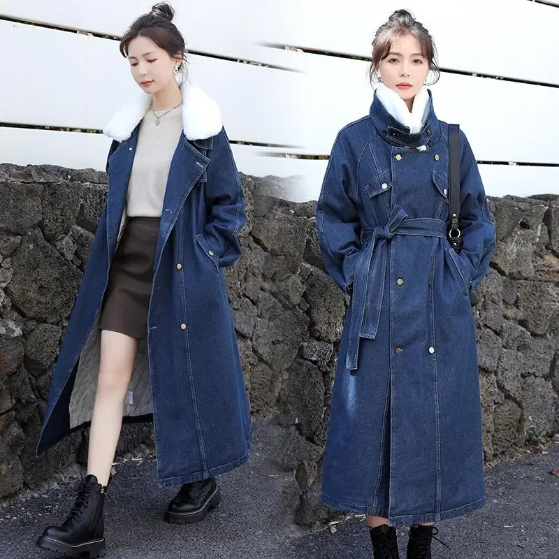 

Denim Cotton Jacket With Lace Up Women's Winter New Parka Mid-length BF Windbreaker Casual Warm Thicked Overcoat