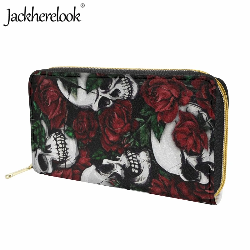 Jackherelook Women's Wallet Leather Luxury Long Purse Bank Card Holder Skull Rose Print Teen Girls Trend Money Bag Coin Pocket