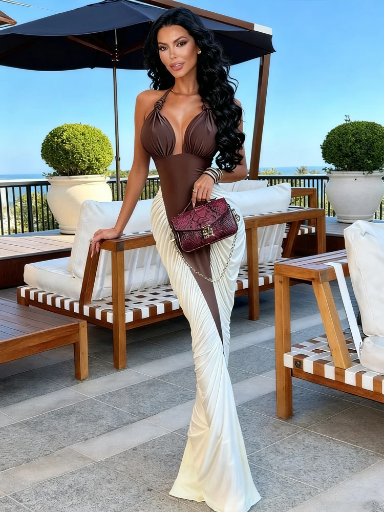 Leosoxs Halter Ruched Dress Women Bandages Sexy Patchwork Backless Thin Slit Summer Clubwear Birthday Party Ruched Vestidos