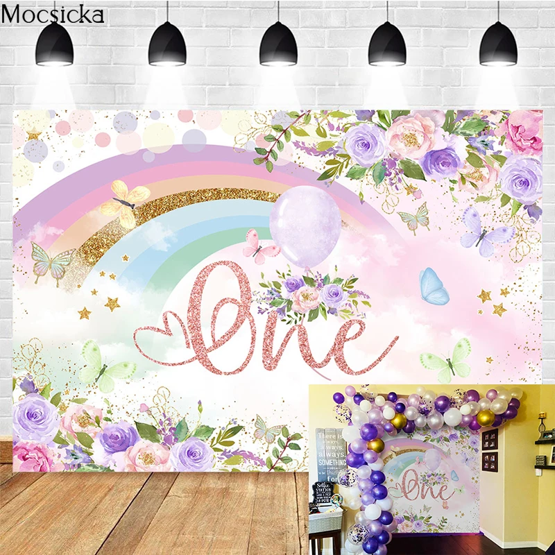

Mocsicka 1st Birthday Party Photography Background Rainbow Floral Butterfly Decoration Child Portrait Photo Backgdrop Banner