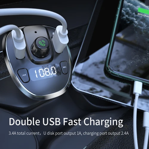 Essager USB 차량용 충전기, FM 송신기, 블루투스 5.0 코체 어댑터, 무선 핸즈프리 오디오 수신기, MP3 플레이어, 자동차 액세서리 4