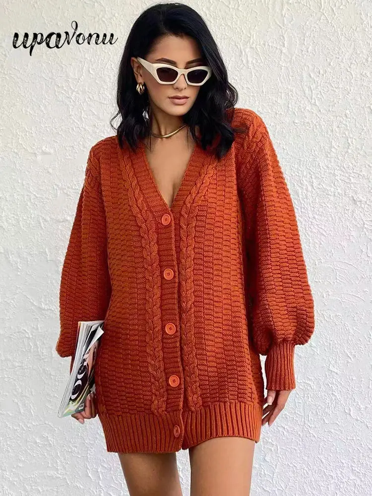 

2023 Autumn Loose Cardigan Knitted Sweater Coat Women's V-neck Lantern Sleeve Single breasted Extra Large Knitted Sweater Shirt