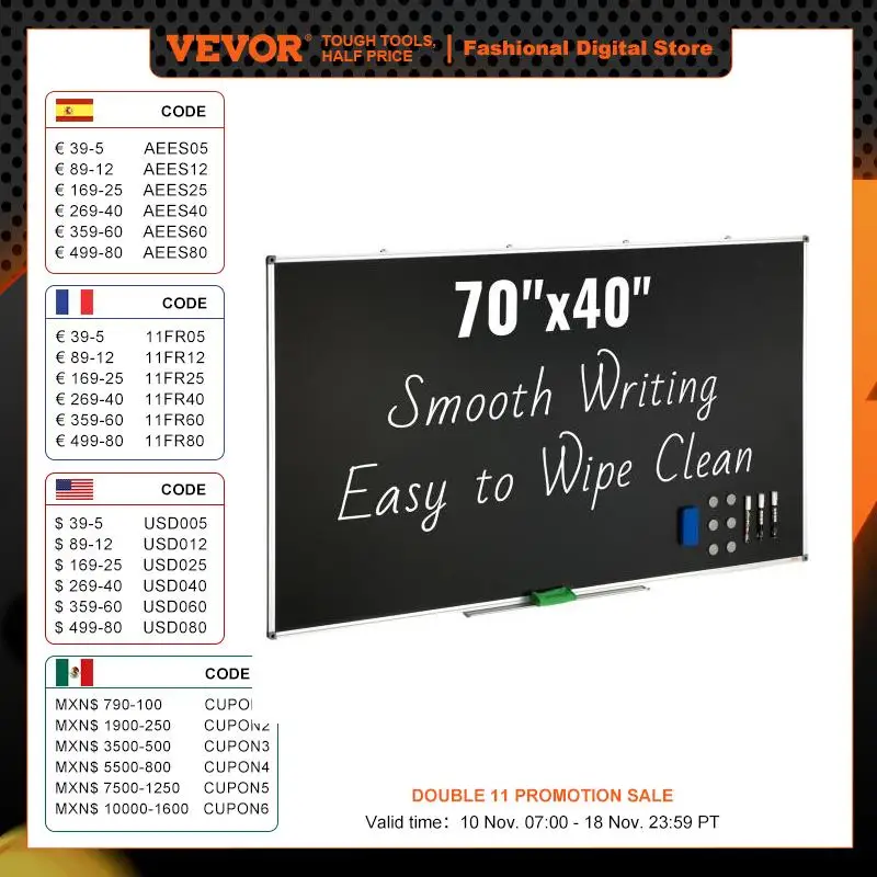 VEVOR Black Board with Aluminum Frame Black Boards Dry Erase Includes 1 Magnetic Erase & 3 Dry Markers for Office School