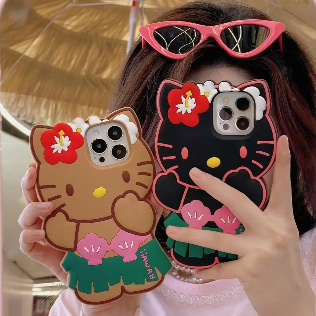 

Sanrios hellos kittys Hawaiian black hula skirt Silicone Soft Shell Phone Cases For iPhone 15 14 13 12 11 Pro Max Back Cover
