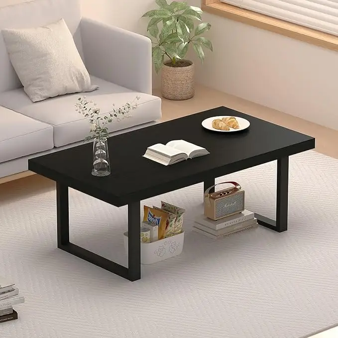 

Industrial Coffee Table, Modern Simple Wood and Metal Table, Minimalist Rectangle Wooden Living Room Table
