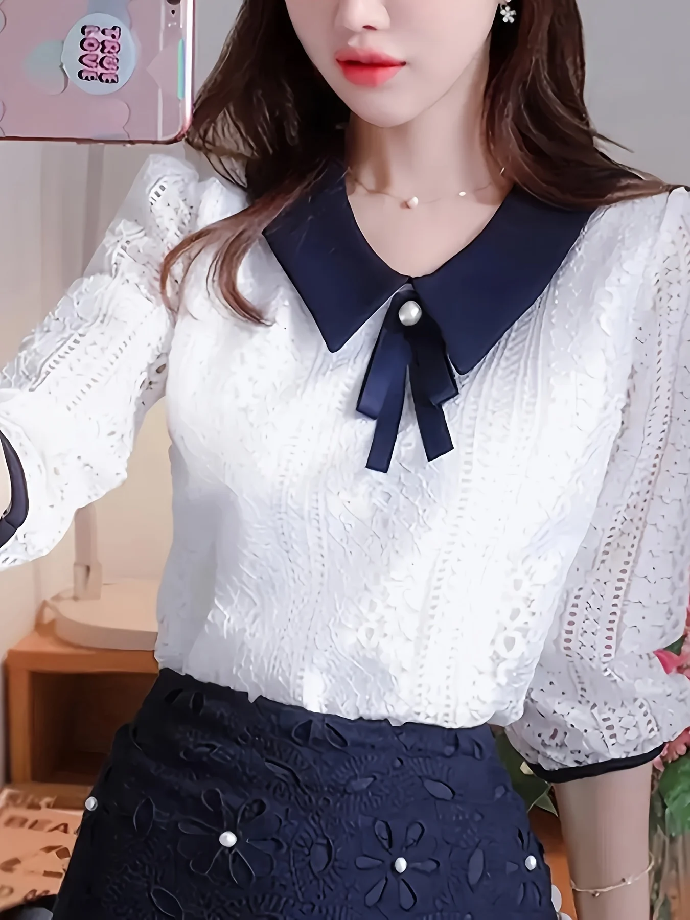 Chemisier en dentelle pour femmes, Style printemps-automne, col Peter Pan, couleur unie, demi-manches, hauts élégants en dentelle, SP8676