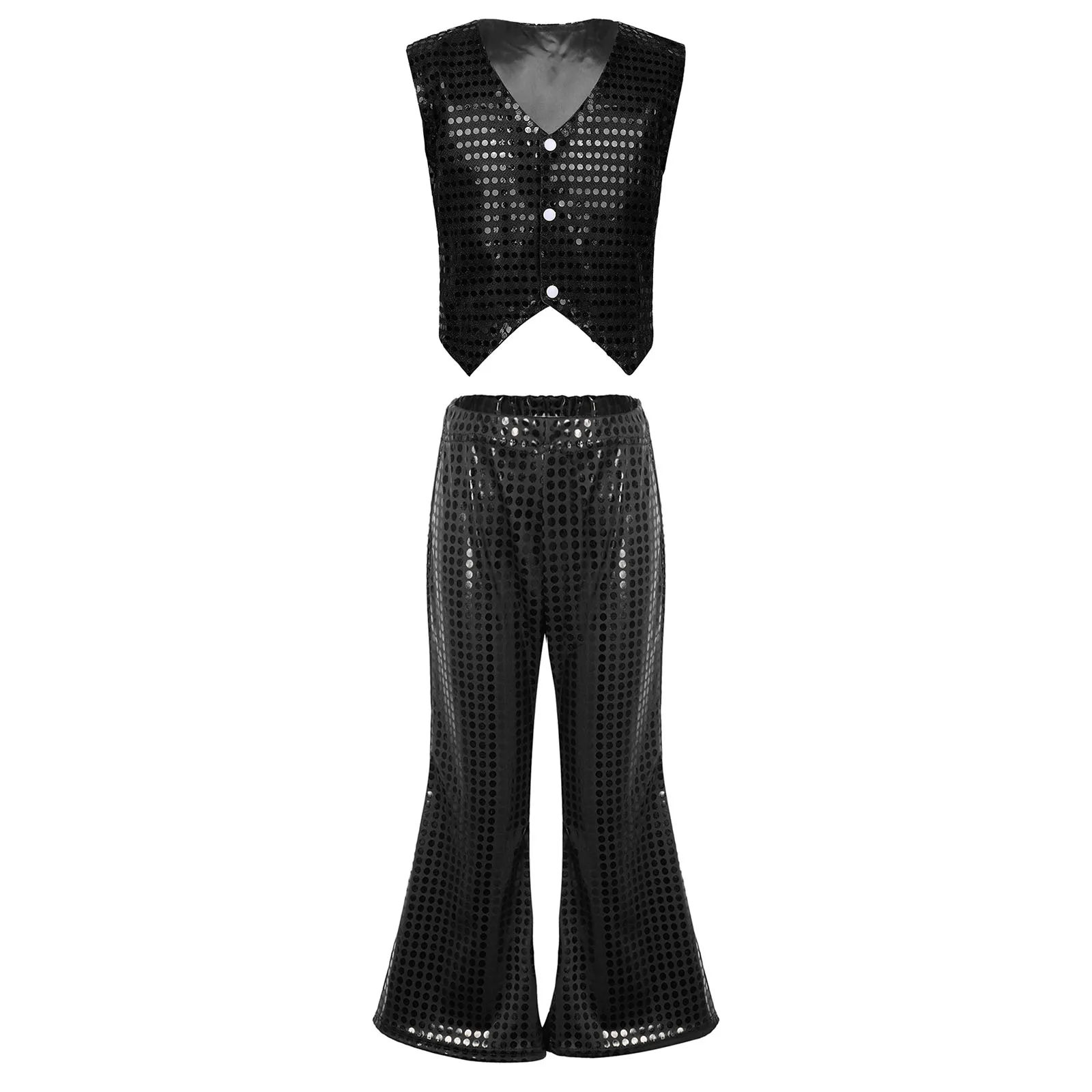 

Kids Modern Jazz Hip-hop Dance Costumes Boys Girls Shiny Sequins Vest Waistcoat+Flared Pants Outfit for Party Stage Performance