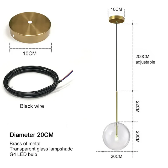 Nordic Modern Pendant Lamp Fixture Clear Glass Lampshade Bedroom Hanging Lights Dining Restaurant Decor Suspension Lustre black wire 20CM