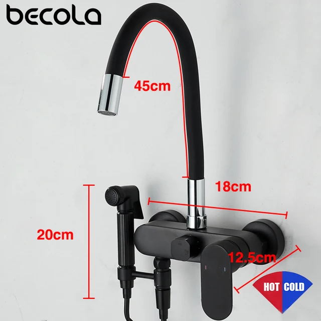 ทองเหลืองอ่างล้างจานก๊อกติดผนังอ่างล้างหน้าผสมเย็นและน้ำอุ่น Tap สีดำอ่างล้างจานก๊อกน้ำสเปรย์ปืนสำหรับห้องครัว 4