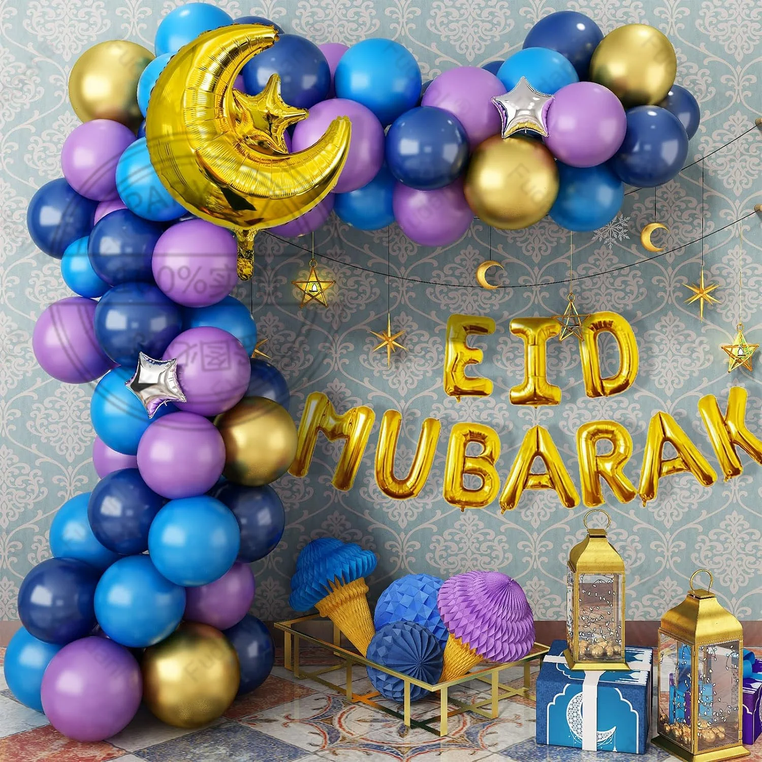 Eid 무바라크 풍선 아치 키트, 블루 골드 퍼플 달 스타 포일 풍선, 라마단 무..
