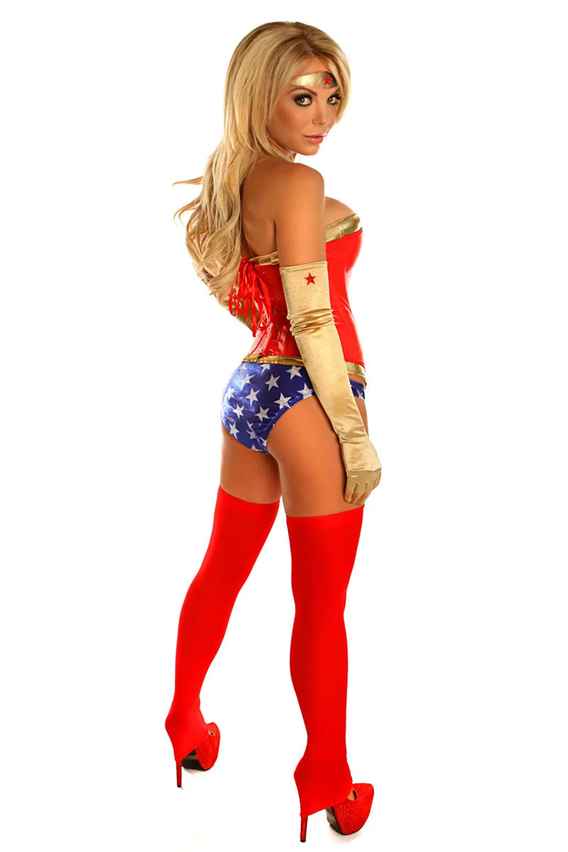 Adult Wonder Powerful Super Woman Superhero Corset Costume Halloween Cosplay Outfit