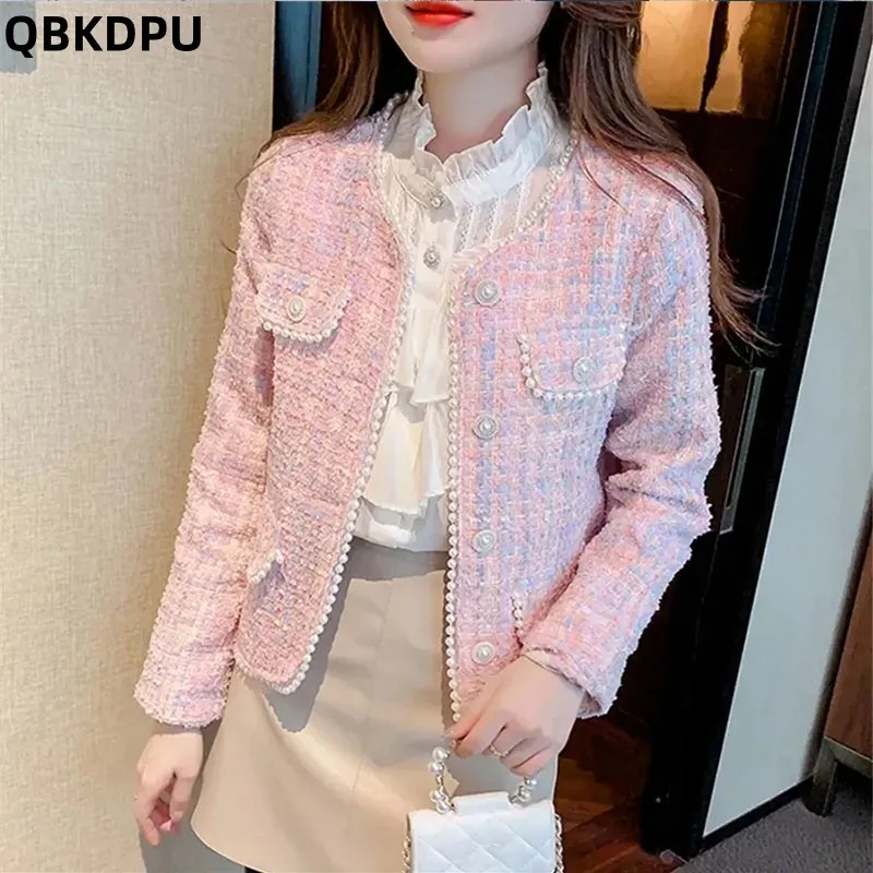 

Korean Cropped Tweed Jacket Luxury Pearls Vintage Women Fashion Outerwear Spring Blends Coat Elegant Design Short Chaqueta 2023