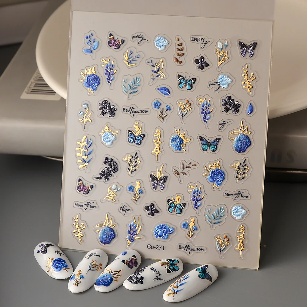 Embossed Nail Sticker Gel Polish Sticker Gold Flower Leaf Nail Art Decals Relief Adhesive Sliders CO-271