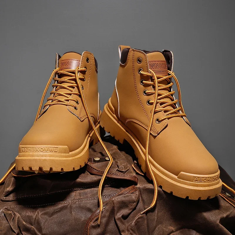 Žlutý boty podzim nový trend hezký britský styl vysoký káča krajka nahoře odolný outdoorové ležérní pánské boty