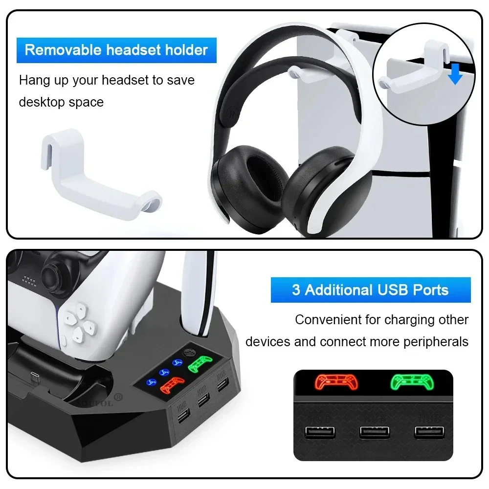 PS5 Pro/PS5 Slim/PS5 스탠드(헤드폰 후크 포함) 냉각 스탠드 컨트롤러 충전 스테이션(P5용 3레벨 냉각 팬 포함)