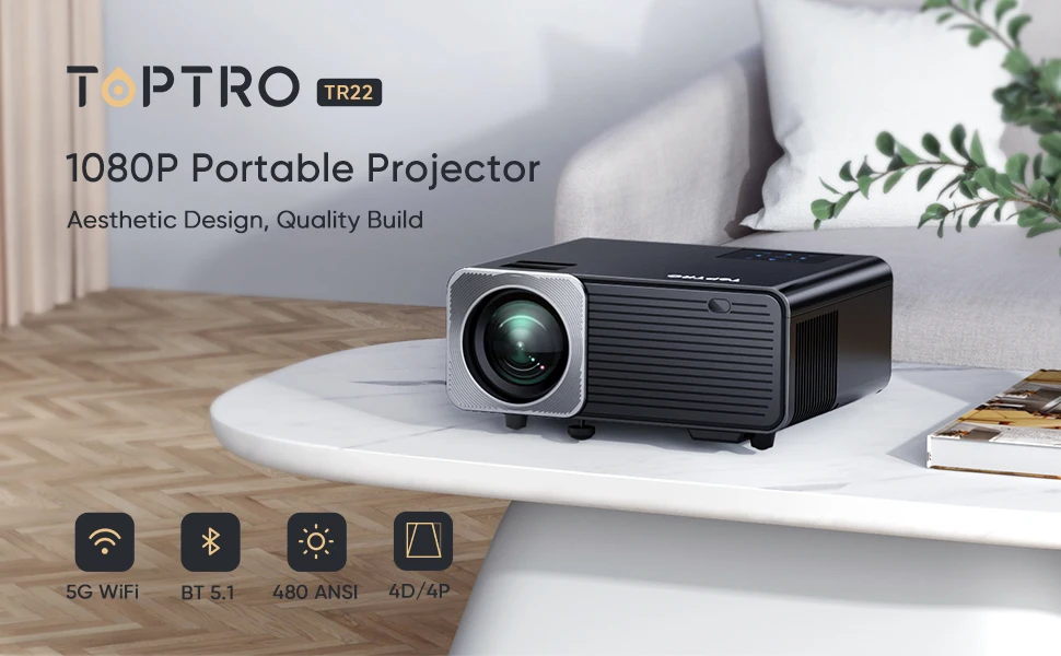 TOPTRO-Projecteur d'extérieur, prise en charge 4K, natif, 1080P