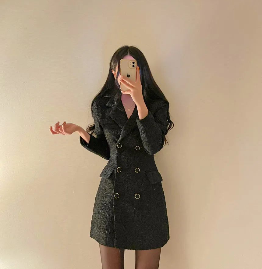 Autumn Winter Elegant Tweed Blazer Dress Double Breasted Slim Short Dresses for Women Korean Fashion Office Lady Coat Dress New