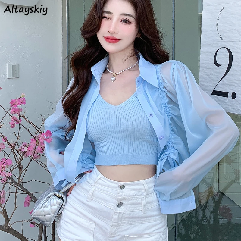 

Cropped Shirts Women Shirring Design Fashion Thin Baggy Soft Streetwear Sun-proof Casual Korean Style Elegant Solid Basic Chic