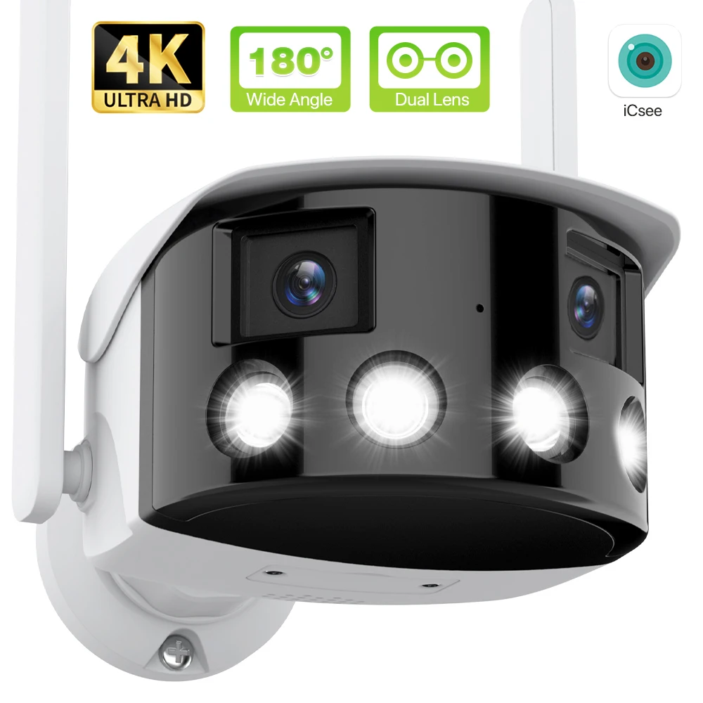 4K 8MP WIFI Dual Lens Panoramic Fixed Camera 180° Wide Viewing Angle Outdoor IP Cameras HD AI Human Security Cam iCsee