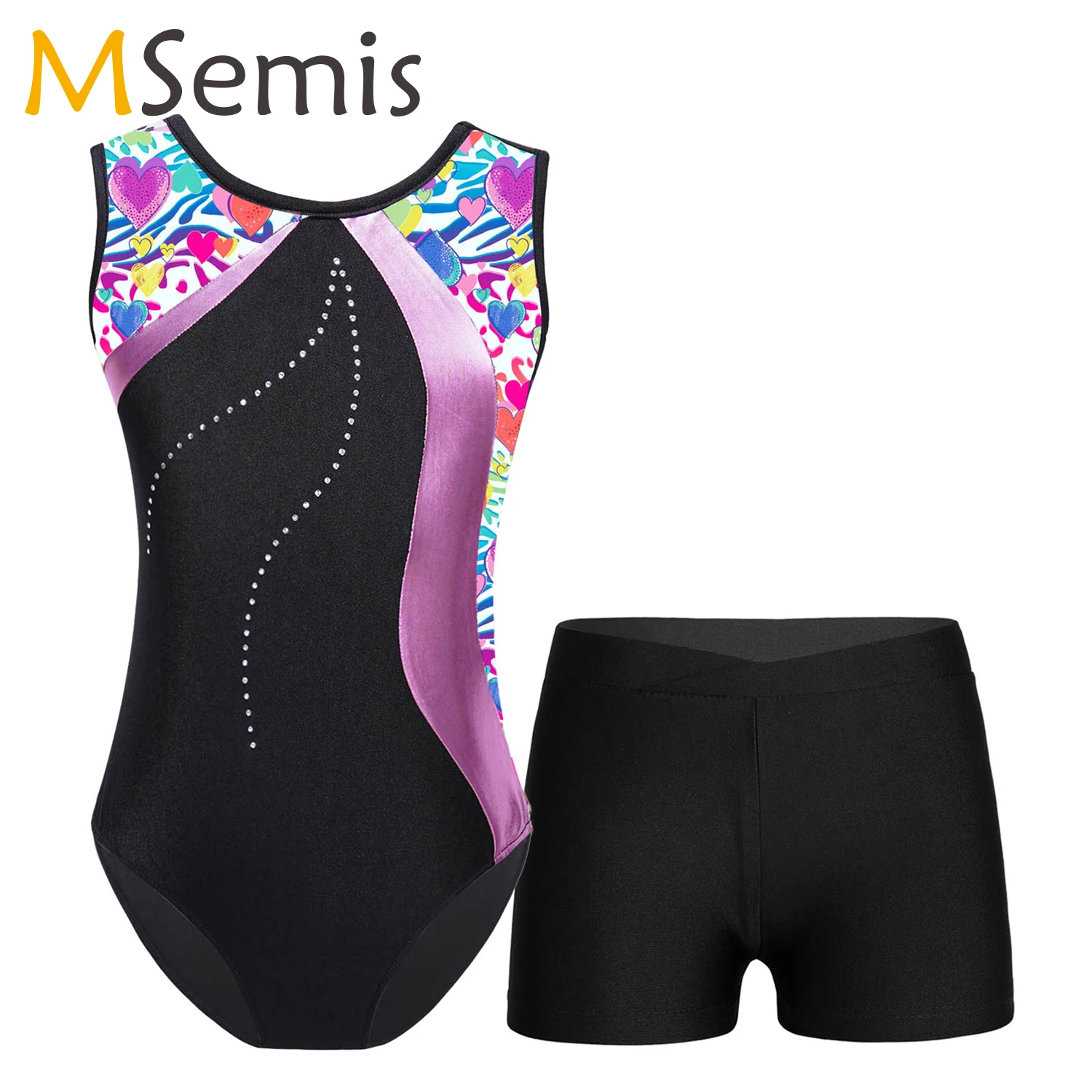 

Kids Girls Sleeveless Ballet Dance Leotard with Athletic Shorts for Unitards Biketards Gymnastics Stage Performance Competition