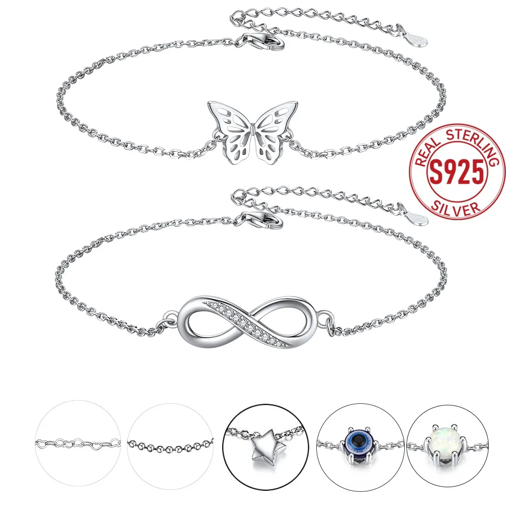 U7 925 Sterling Silver Anklets for Woman Infinity Moonstone Evil Eye Butterfly Star Heart Ball Rolo Chain Ankle Bracelet Jewelry