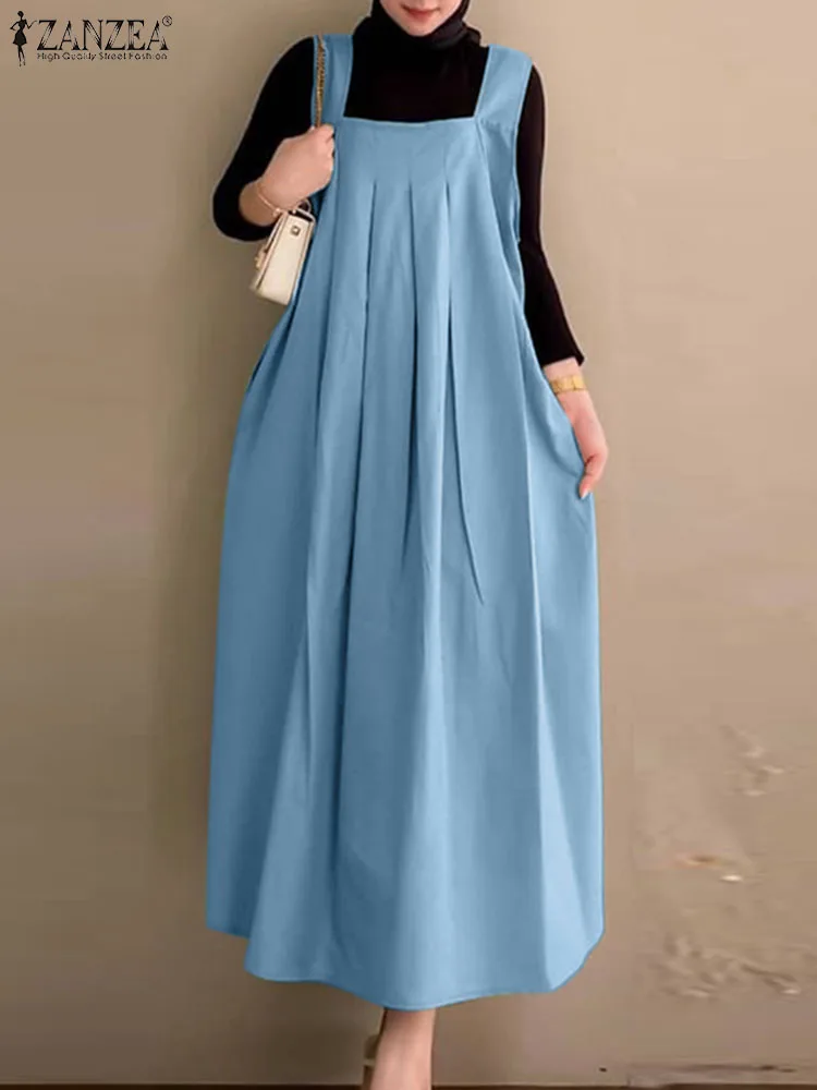 

Женский винтажный комбинезон ZANZEA без рукавов, Осеннее винтажное Плиссированное длинное платье, сарафан, Женский Повседневный Мусульманский Стиль 2023