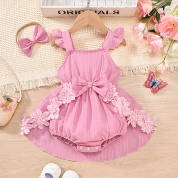 Citgeett Summer Infant Baby Girl Outfits Ruffle Sleeveless Bow Front Bodysuit Headband Set Clothes