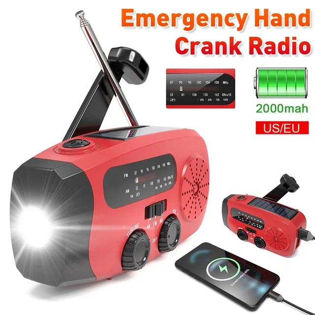 Portable Phone Charger with LED Lights Solar Hand Crank Radio USB Charged & Solar Power Multifunctional for Camping Emergency
