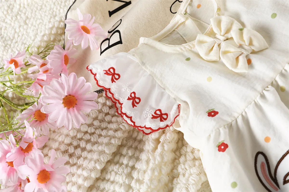 Sommerkleid für Kinder mit Niedlicher Hasen-Stickerei, 0-5 Jahre, Mädchen Flatterärmel A-Linien-Kleid, Lässige Weiche Kinderkleidung mit Polka-Dot-Druck – Detail 5