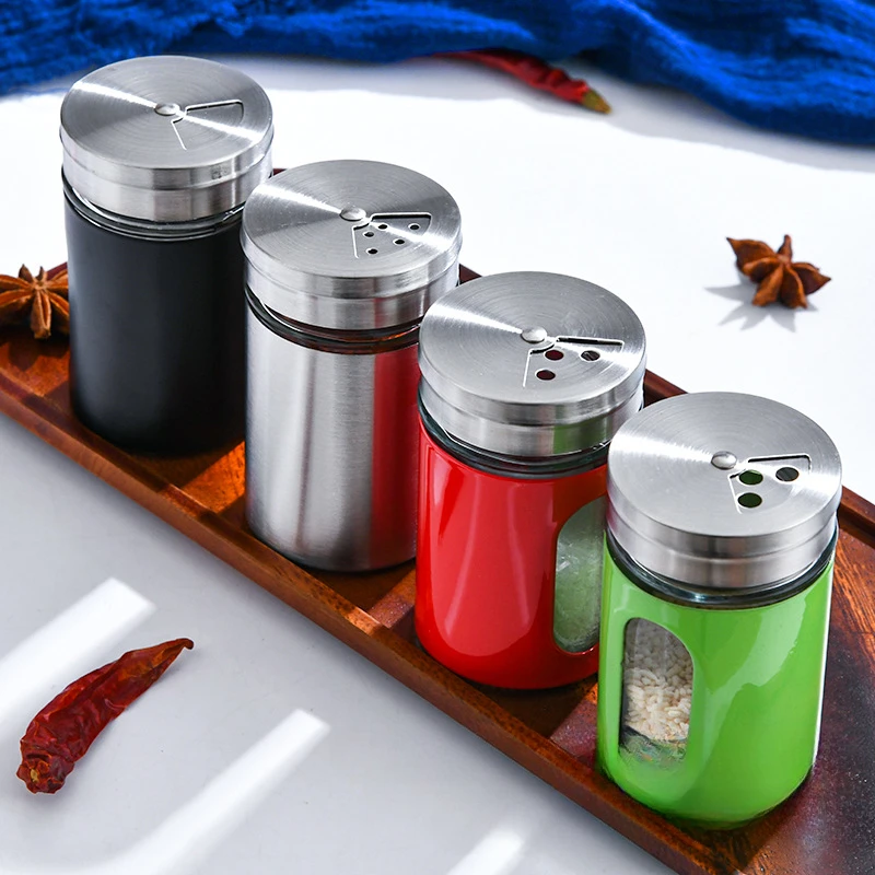 Stainless Steel Seasoning Jars Glass Spreading Bottle Barbecue Pot Pepper Toothpick Holder Salt Shaker Rotating
