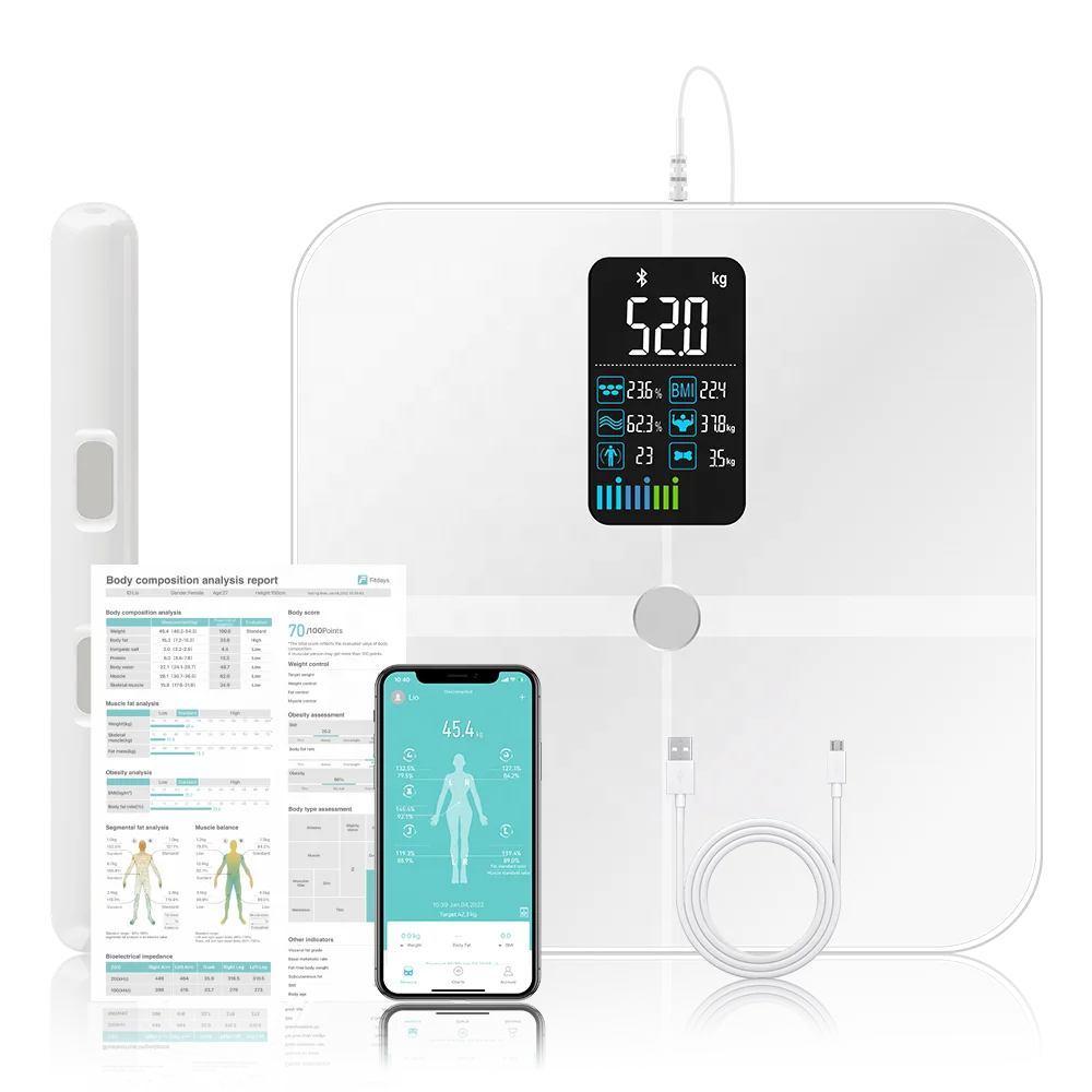 

8 Electronic BMI Glass VA Screen OEM White Black Body Weight Fat Analysis digital smart scale with IOS and Android APP