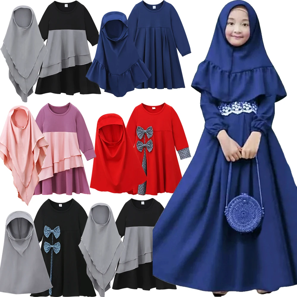 Bambini Ragazze Hijab Vestito Ramadan Bambini Musulmani Preghiera Abbigliamento Eid Islamico Abaya Sciarpa Khimar Burqa Caftano 2 Pezzi Set Niqab