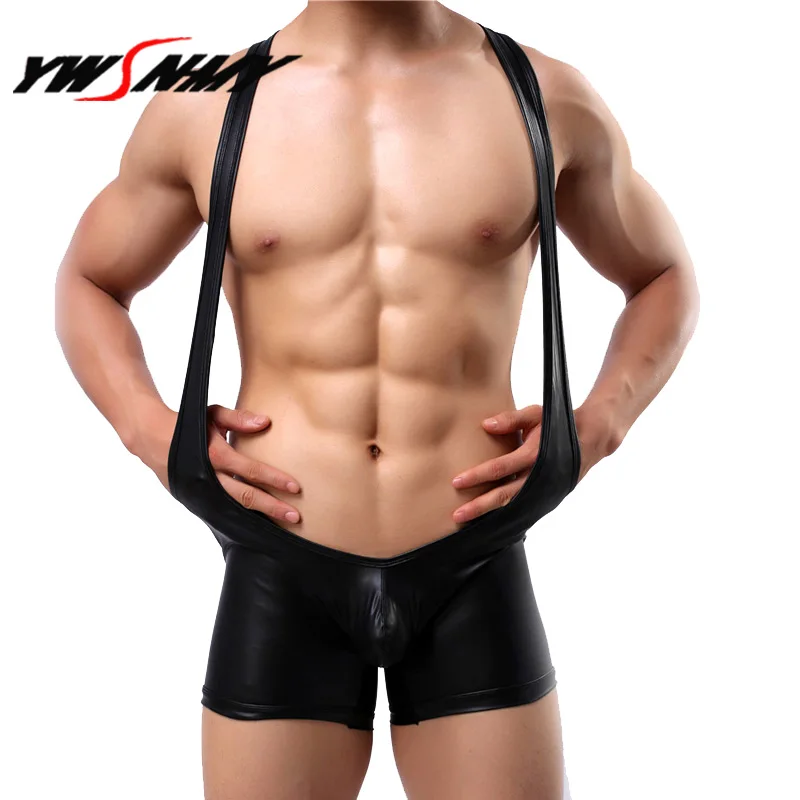 PU Leather Men Bodysuit Sexy Bulge Penis Pouch Gay Underwear Man Gold Silver Nightclub Stage Show Teddies Wrestling Jumpsuit