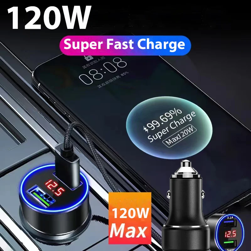 Car Charger Display Fast 120w Mobile Charger Adapter Mobile Phone