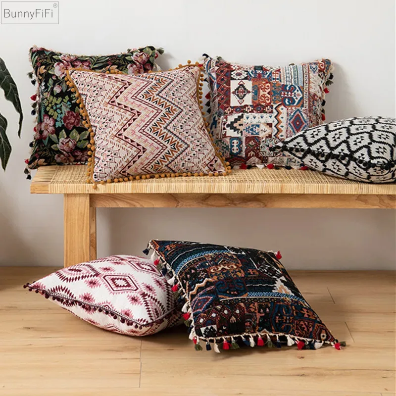 

Bohomia жаккардовая наволочка с кисточками и помпоном, домашняя декоративная наволочка для подушки, 45x4 5 см, винтажная наволочка для гостиной, дивана