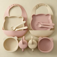 Color Kids Silicone Baby Feeding Set Adjustable Bib Cartoon Bear Shape Sucker Bowl Plate Portable Cup Utensils Tableware Sets 1
