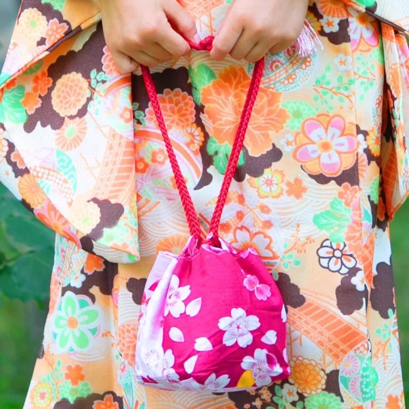 

1pcs Kawaii Japanese Kimono Coin Purse Flower Printed Drawstring Tote Bag Pocket Women Yukata Accessories Wedding Party Handbag