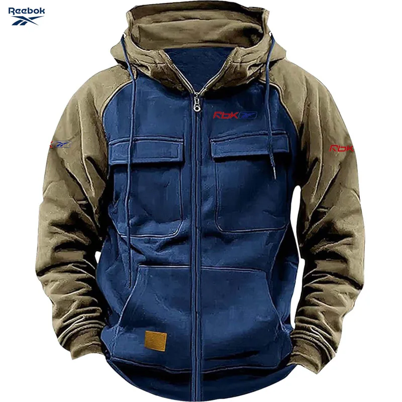 Reebok Men's Zippered Patched Warm Fleece Pullover for Autumn/Winter - Multiple Pockets - Stylish Hooded Jacket - Thick Outdoor