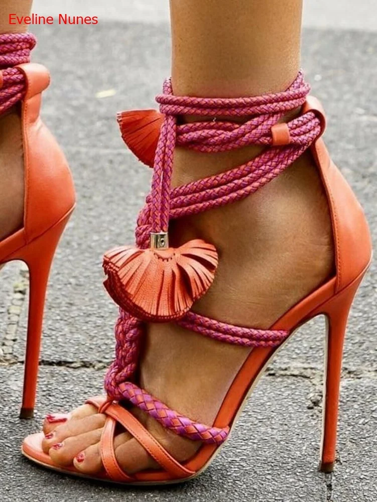 

Knotted Braided Leather Sandals Summer New Arrival Ankle Lace-Up Solid Color Fashion Versatile Colorful Pop High Heels Women