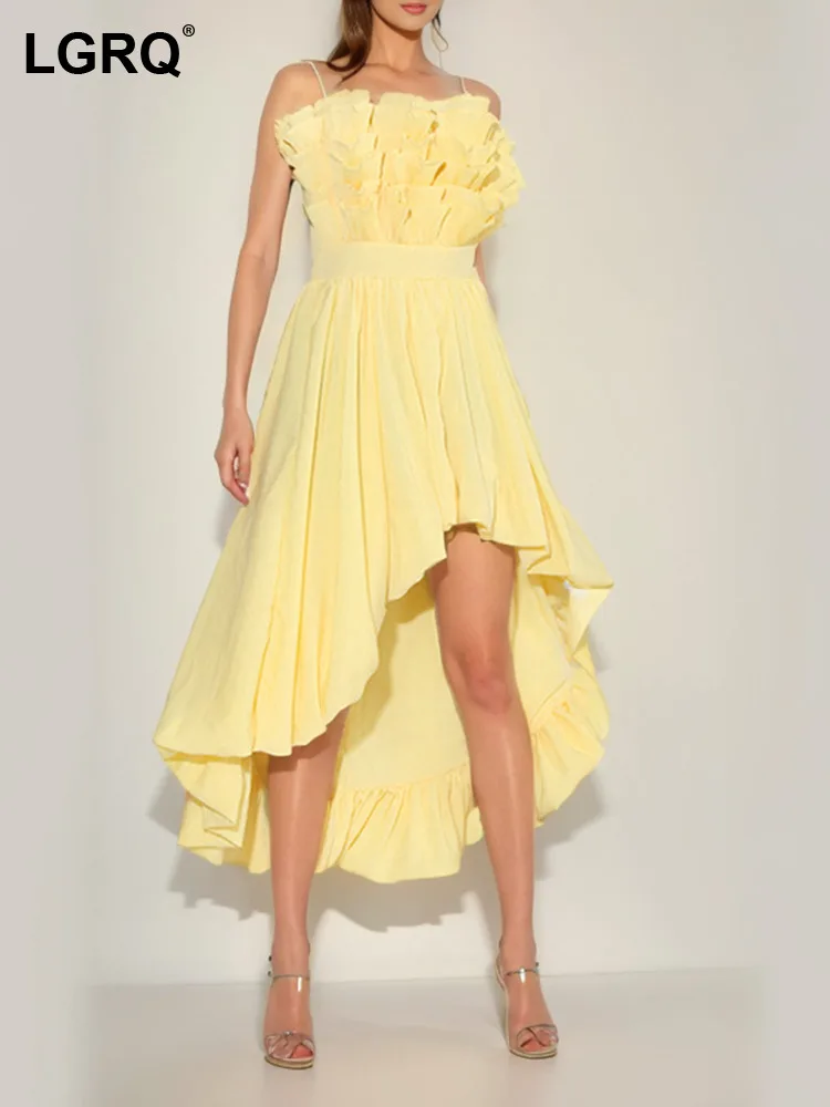 

LGRQ Women's Strap Lace Dress Fashion Off Shoulder High Waist Sling Sleeveless Irregular Design Dresses 2024 Summer New Clothes