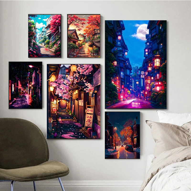 애니메이션 일본 거리 풍경 포스터 인쇄, 거실 홈 장식, 추상 풍경 캔버스 페인팅, 벽 예술 미학