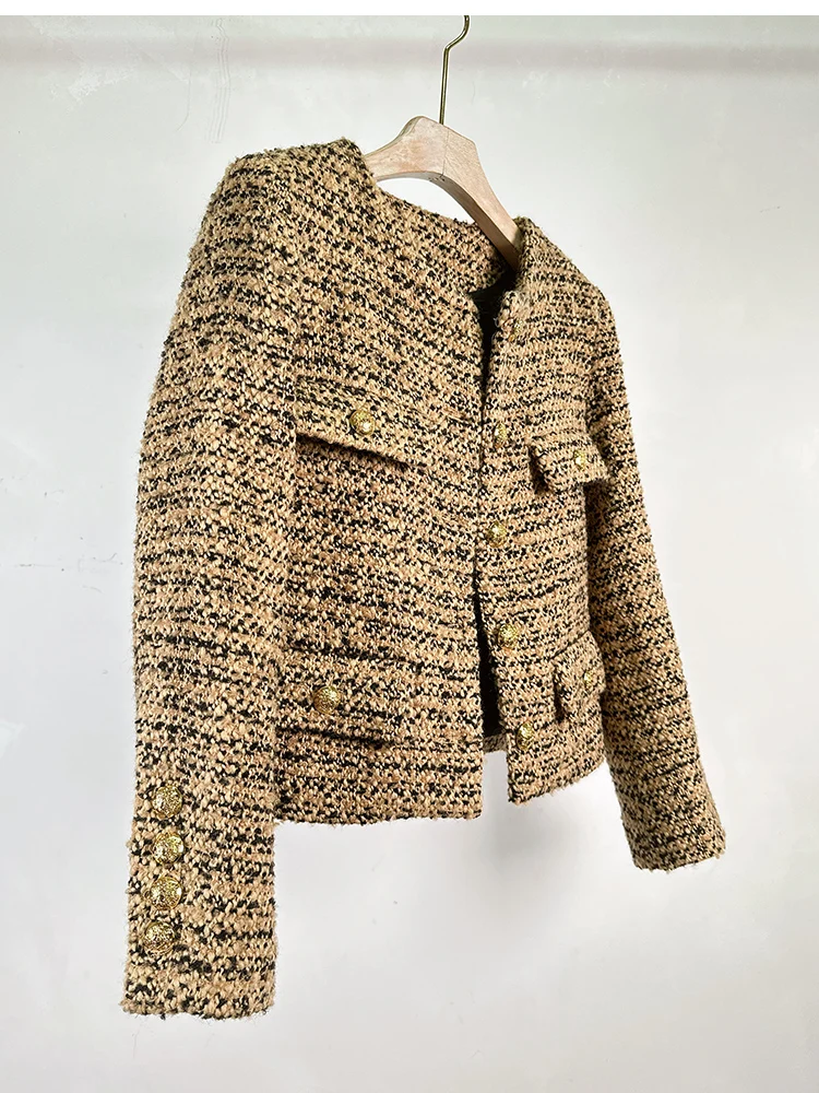 

Женская твидовая куртка с золотистыми пуговицами, черная Свободная куртка контрастных цветов, весна-осень 2023