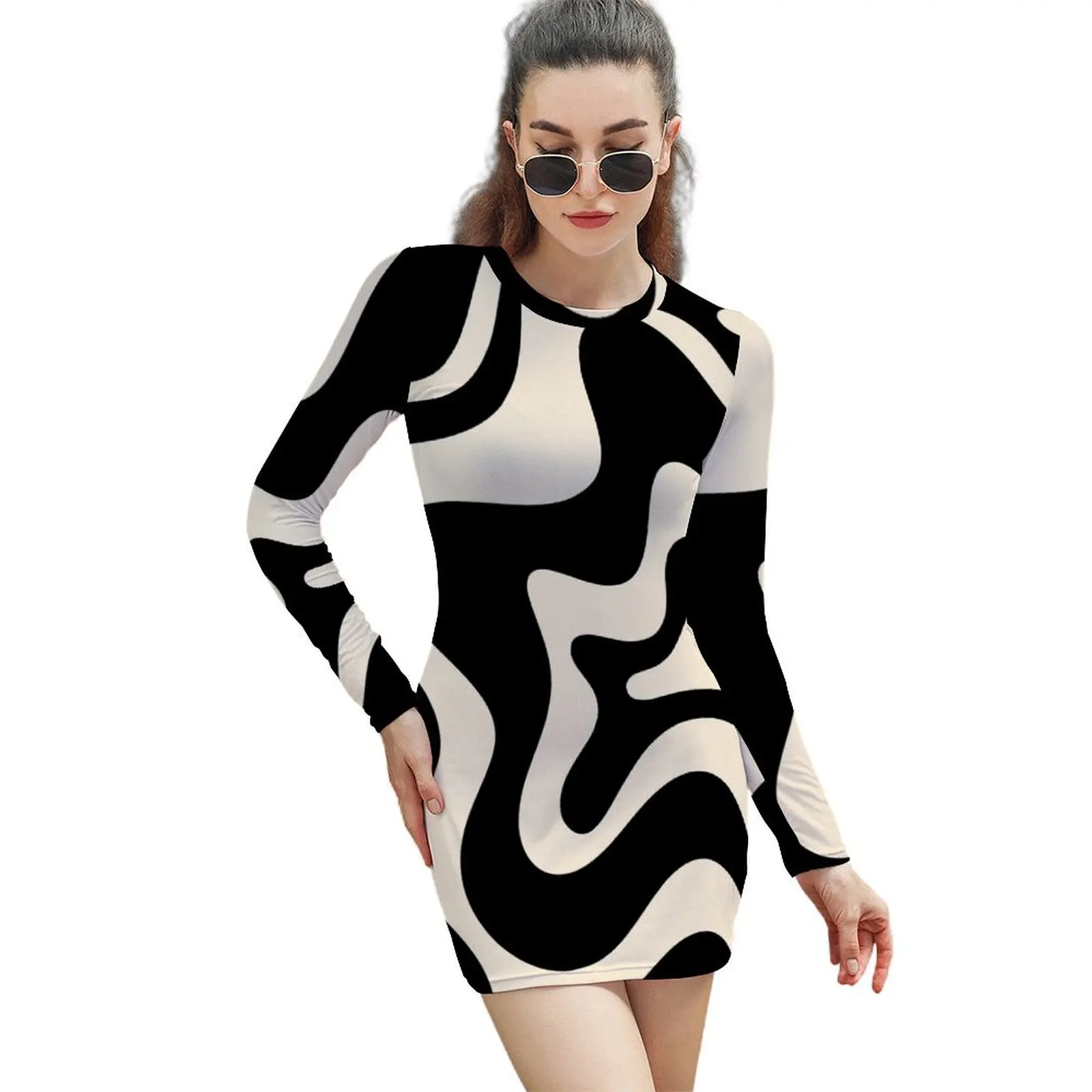 

Retro Liquid Swirl Abstract Pattern in Black and Almond Cream Long-Sleeved Sheath Dress cute dress